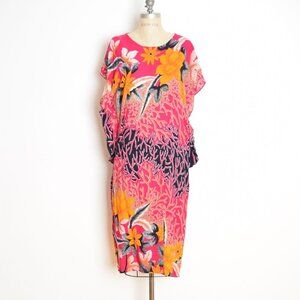 vintage 80s caftan dress pink Hawaiian floral aloha print rayon draped flutter M